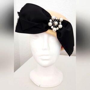 Importina Vintage Wool Black & Cream Hat with Bow And Pearl Embellishment.